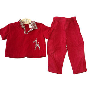 Vintage 60's Red Corduroy Top & Pants Set Toddler Size 3 Dear Applique Plaid